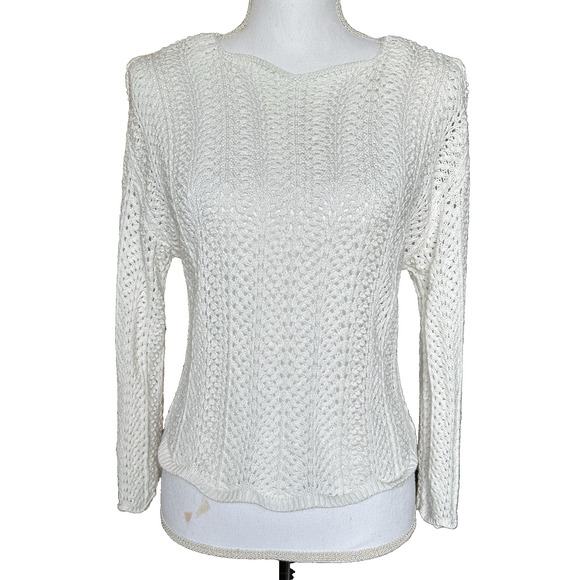 Wishlist Womens sz M Crochet Sweater White Crop Coastal Wide Sleeve - Picture 1 of 6